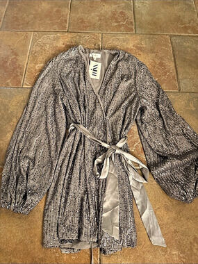 Mable Sequin Tie-Waist mini dress in Gray Size Medium NWT